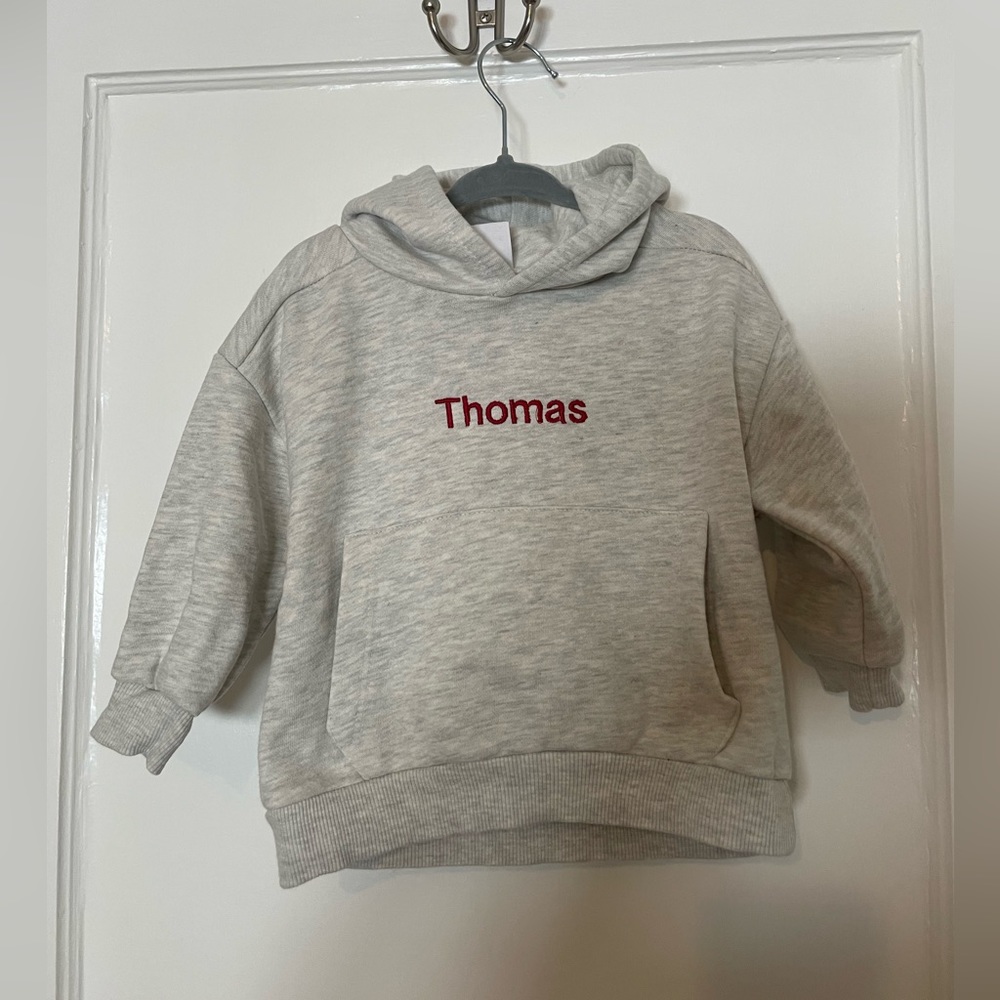 Zara baby grey hooded sweatshirt. Embroidered with “Thomas”. Size 9-12 months.